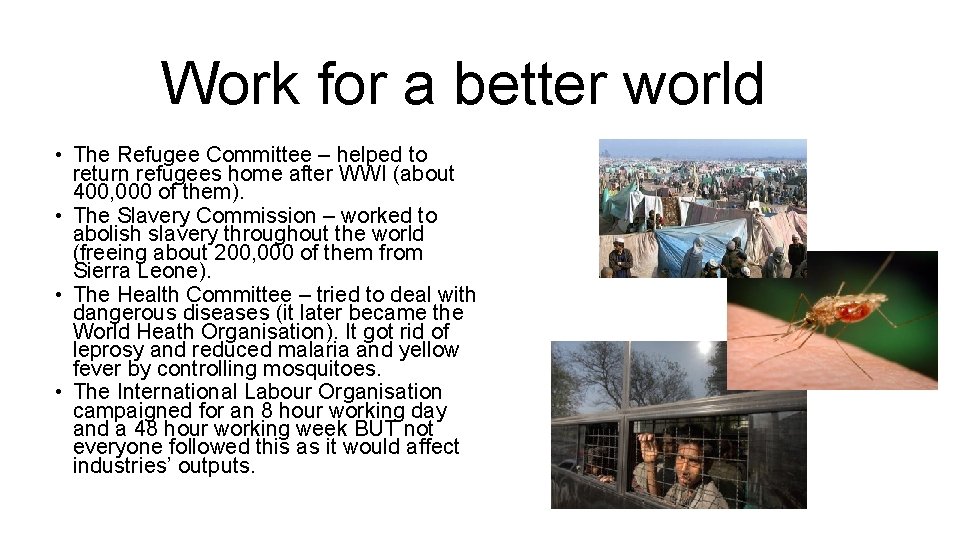 Work for a better world • The Refugee Committee – helped to return refugees