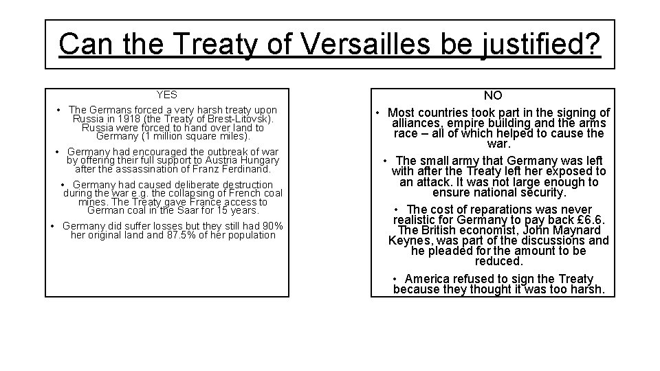 Can the Treaty of Versailles be justified? YES • The Germans forced a very