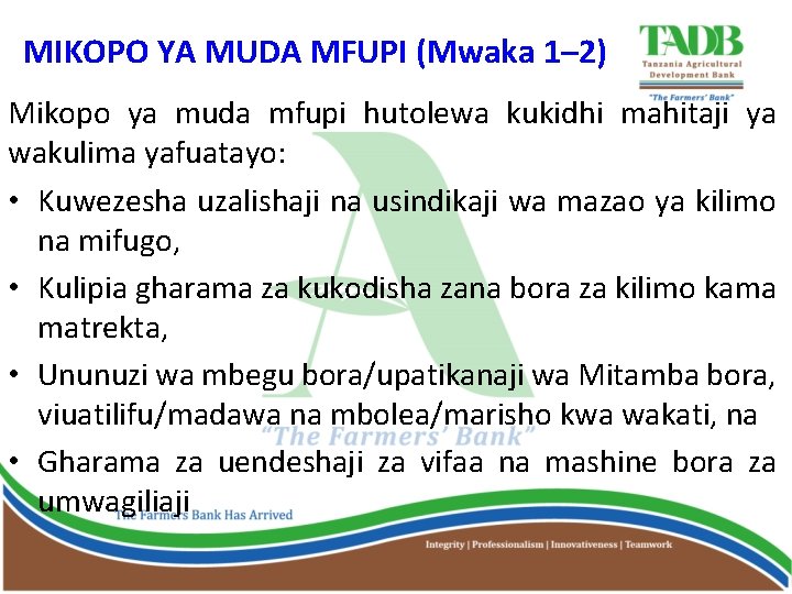 MIKOPO YA MUDA MFUPI (Mwaka 1– 2) Mikopo ya muda mfupi hutolewa kukidhi mahitaji