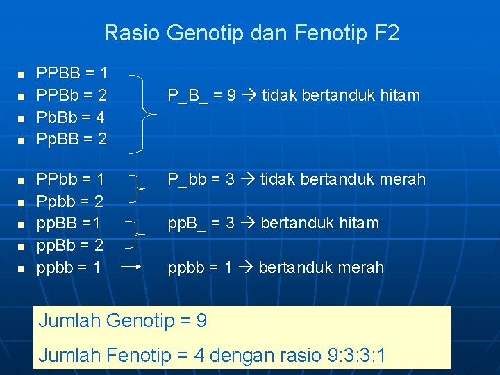 Rasio Genotip dan Fenotip F 2 n n n n n PPBB = 1