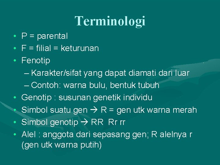 Terminologi • • P = parental F = filial = keturunan Fenotip – Karakter/sifat
