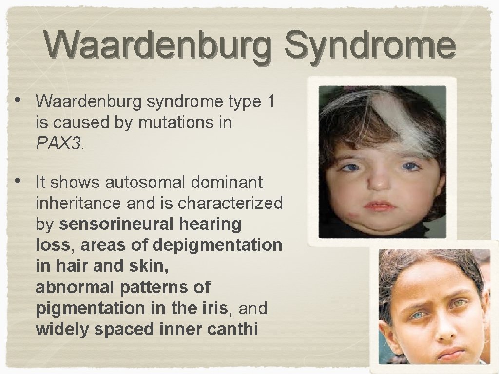Waardenburg Syndrome • Waardenburg syndrome type 1 is caused by mutations in PAX 3.