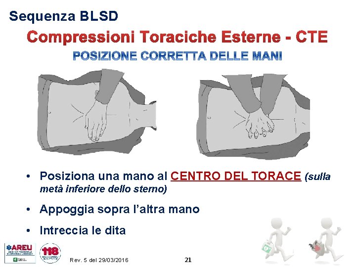 Sequenza BLSD • Posiziona una mano al CENTRO DEL TORACE (sulla metà inferiore dello