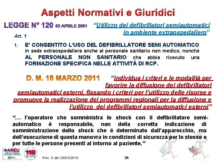 “Utilizzo dei defibrillatori semiautomatici in ambiente extraospedaliero” Art. 1 1. E’ CONSENTITO L’USO DEL