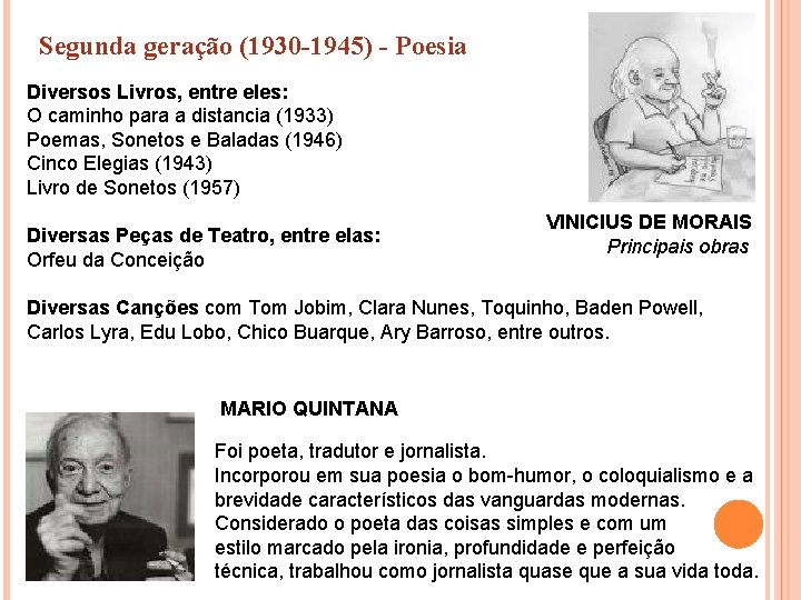 Segunda geração (1930 -1945) - Poesia Diversos Livros, entre eles: O caminho para a