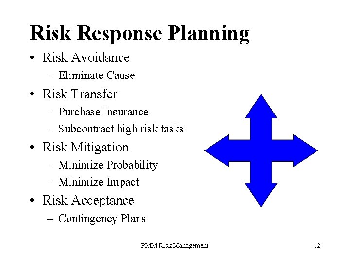 Risk Response Planning • Risk Avoidance – Eliminate Cause • Risk Transfer – Purchase