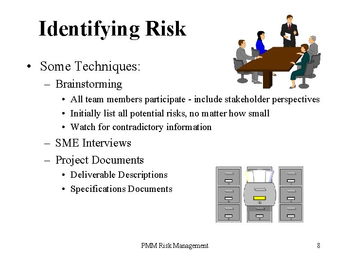 Identifying Risk • Some Techniques: – Brainstorming • All team members participate - include