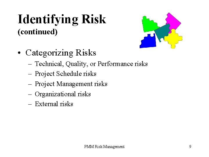 Identifying Risk (continued) • Categorizing Risks – – – Technical, Quality, or Performance risks