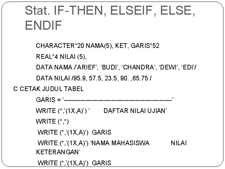 Stat. IF-THEN, ELSEIF, ELSE, ENDIF CHARACTER*20 NAMA(5), KET, GARIS*52 REAL*4 NILAI (5), DATA NAMA