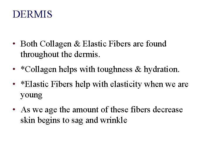 DERMIS • Both Collagen & Elastic Fibers are found throughout the dermis. • *Collagen