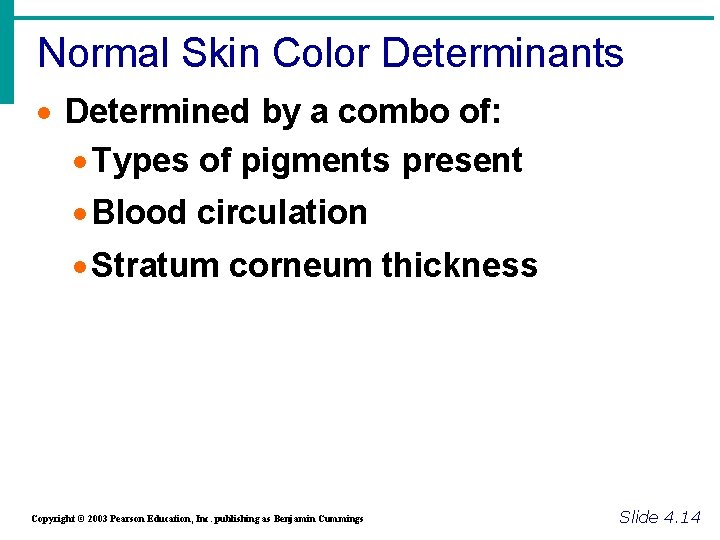 Normal Skin Color Determinants · Determined by a combo of: · Types of pigments