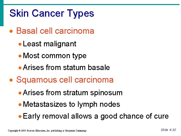 Skin Cancer Types · Basal cell carcinoma · Least malignant · Most common type