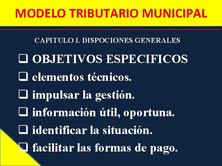 MODELO TRIBUTARIO MUNICIPAL CAPITULO I. DISPOCIONES GENERALES q OBJETIVOS ESPECIFICOS q elementos técnicos. q