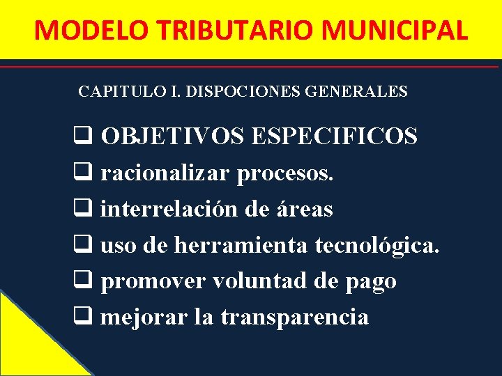 MODELO TRIBUTARIO MUNICIPAL CAPITULO I. DISPOCIONES GENERALES q OBJETIVOS ESPECIFICOS q racionalizar procesos. q