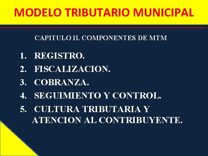 MODELO TRIBUTARIO MUNICIPAL CAPITULO II. COMPONENTES DE MTM 1. 2. 3. 4. 5. REGISTRO.