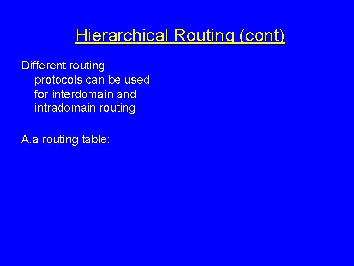 Hierarchical Routing (cont) Different routing protocols can be used for interdomain and intradomain routing