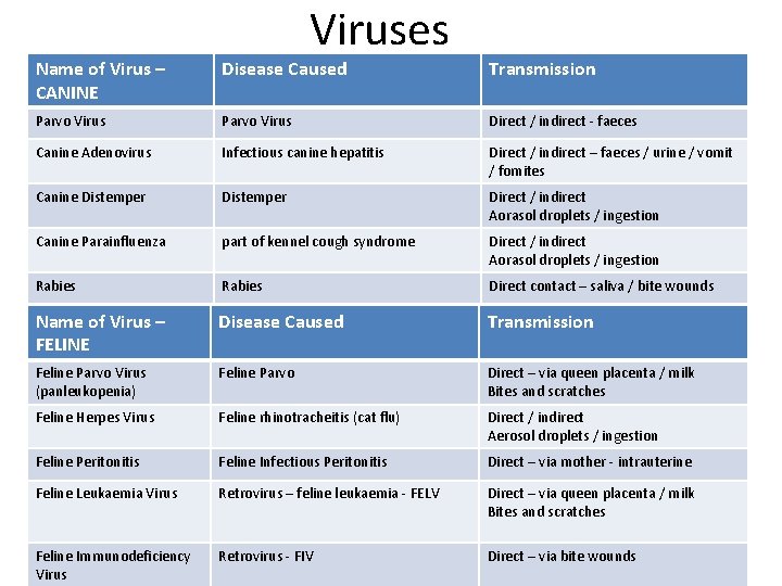 Viruses Name of Virus – CANINE Disease Caused Transmission Parvo Virus Direct / indirect