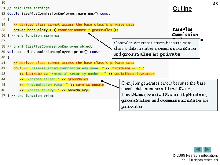 Outline 43 Base. Plus Commission Employee. cpp Compiler generates errors because base class’s data