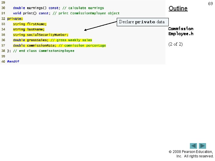 Outline 69 Declare private data Commission Employee. h (2 of 2) 2008 Pearson Education,