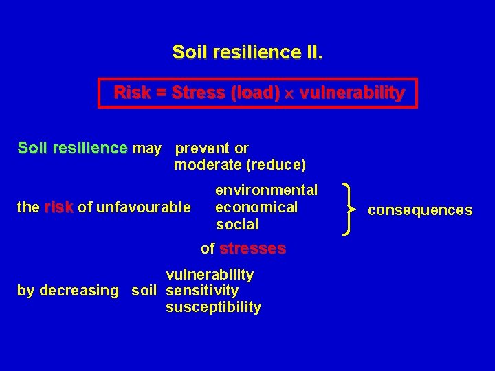 Soil resilience II. Risk = Stress (load) vulnerability Soil resilience may prevent or moderate