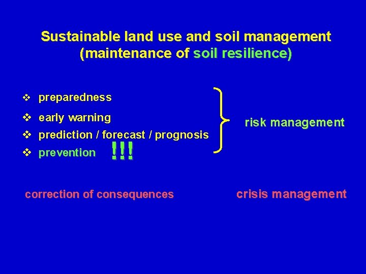 Sustainable land use and soil management (maintenance of soil resilience) v preparedness v early