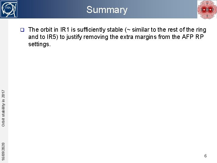 Summary The orbit in IR 1 is sufficiently stable (~ similar to the rest