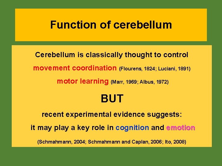 Function of cerebellum Cerebellum is classically thought to control movement coordination (Flourens, 1824; Luciani,