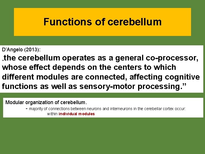 Functions of cerebellum D’Angelo (2013): „the cerebellum operates as a general co-processor, whose effect