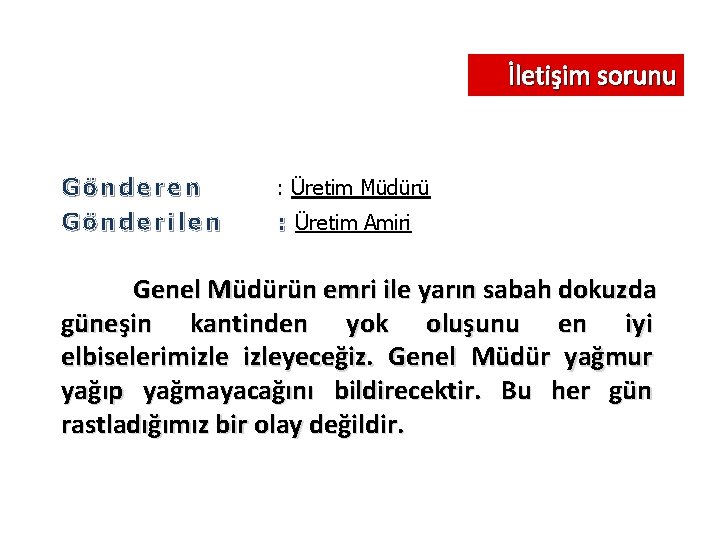 İletişim sorunu Gönderen Gönderilen : Üretim Müdürü : Üretim Amiri Genel Müdürün emri ile