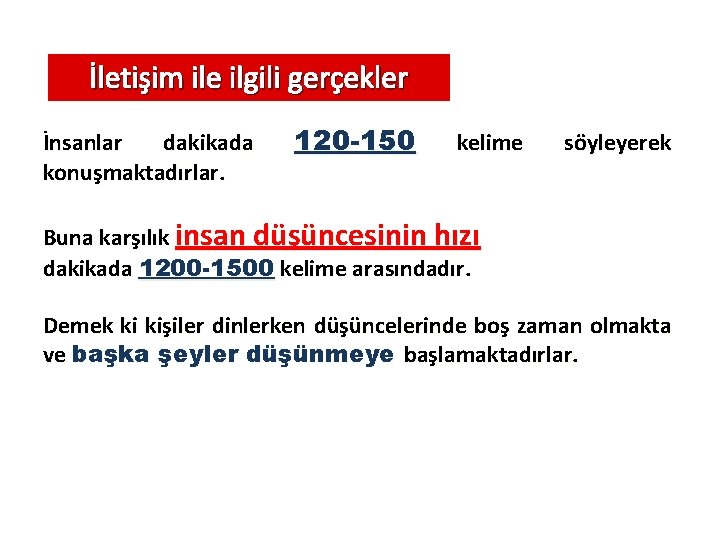 İletişim ile ilgili gerçekler İnsanlar dakikada konuşmaktadırlar. 120 -150 kelime söyleyerek Buna karşılık insan