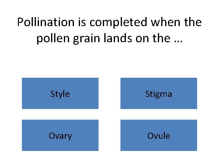 Pollination is completed when the pollen grain lands on the … Style Stigma Ovary