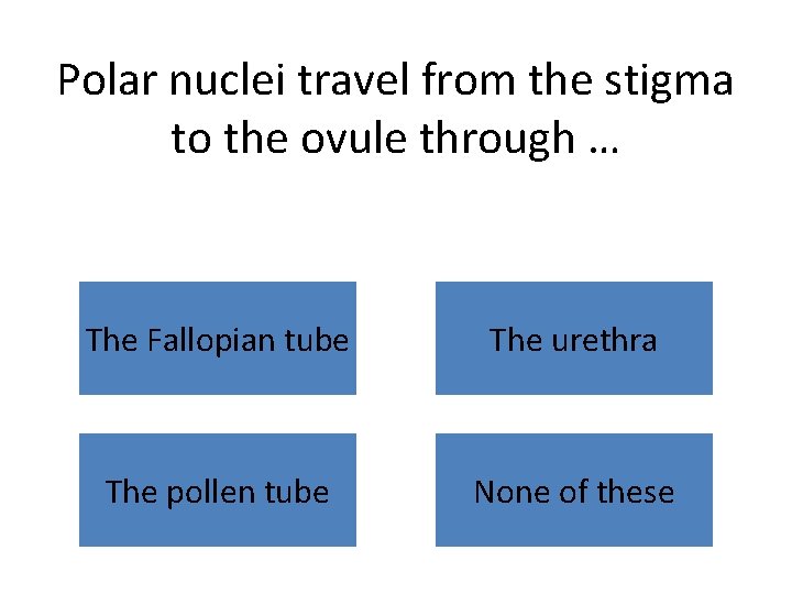 Polar nuclei travel from the stigma to the ovule through … The Fallopian tube