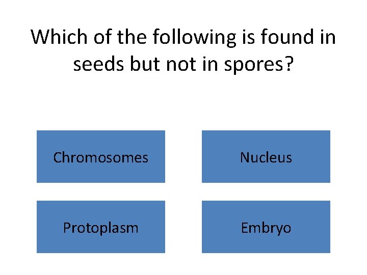 Which of the following is found in seeds but not in spores? Chromosomes Nucleus