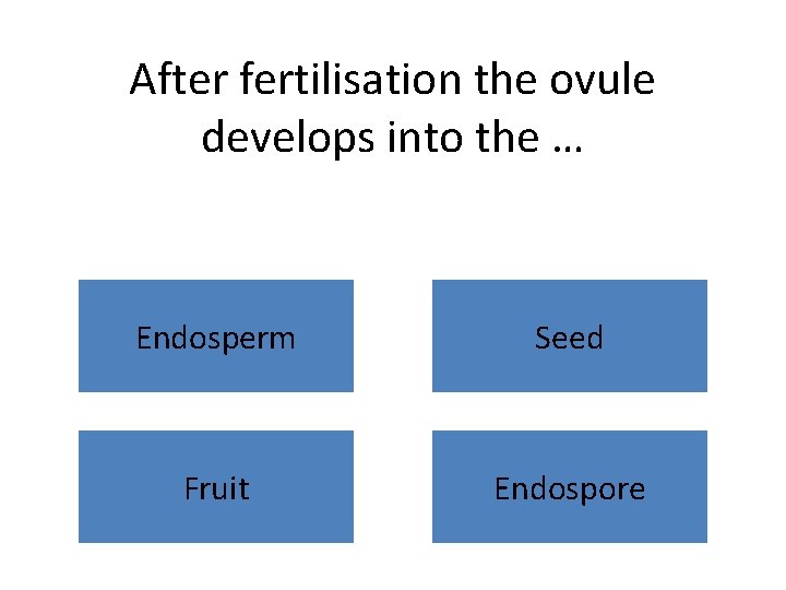 After fertilisation the ovule develops into the … Endosperm Seed Fruit Endospore 