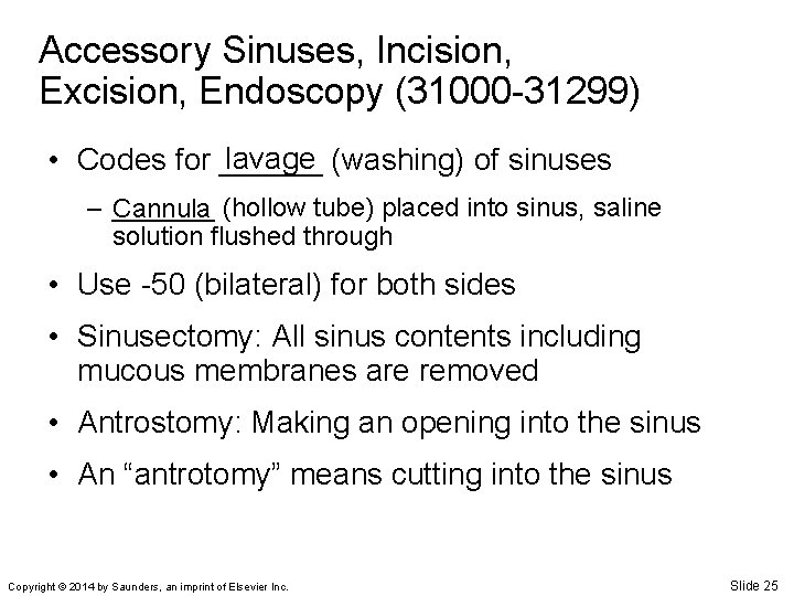 Accessory Sinuses, Incision, Excision, Endoscopy (31000 -31299) lavage (washing) of sinuses • Codes for