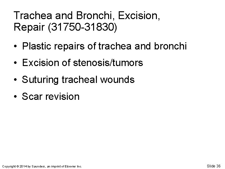 Trachea and Bronchi, Excision, Repair (31750 -31830) • Plastic repairs of trachea and bronchi