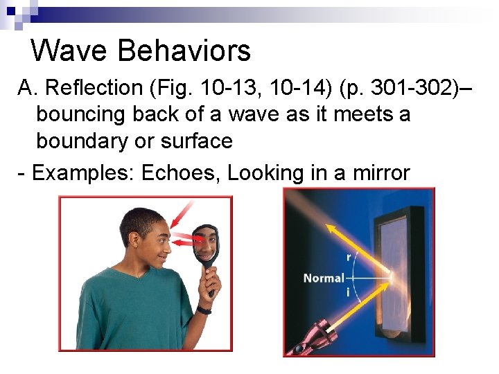 Wave Behaviors A. Reflection (Fig. 10 -13, 10 -14) (p. 301 -302)– bouncing back