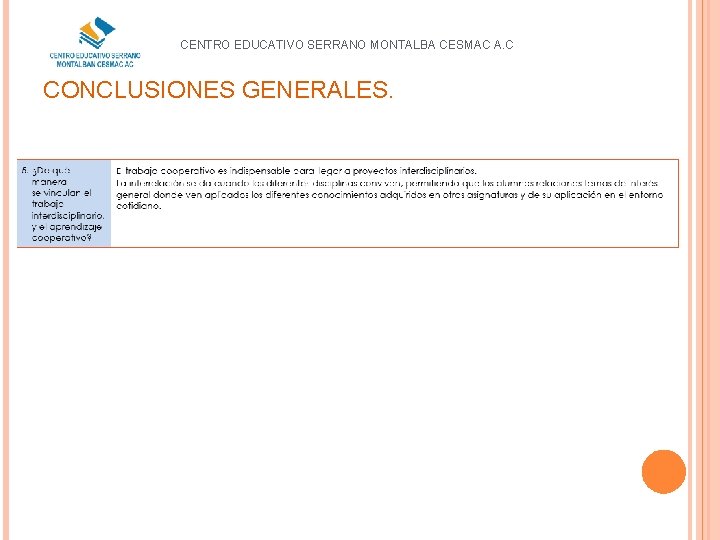 CENTRO EDUCATIVO SERRANO MONTALBA CESMAC A. C CONCLUSIONES GENERALES. 