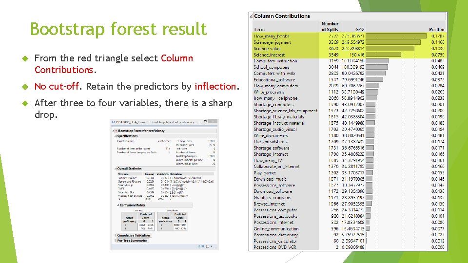 Bootstrap forest result From the red triangle select Column Contributions. No cut-off. Retain the
