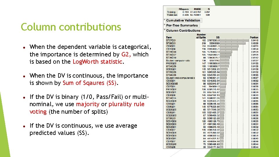 Column contributions When the dependent variable is categorical, the importance is determined by G