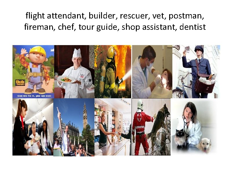 flight attendant, builder, rescuer, vet, postman, fireman, chef, tour guide, shop assistant, dentist 