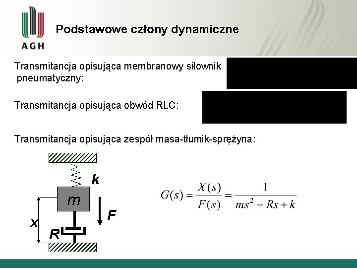 Podstawowe człony dynamiczne Transmitancja opisująca membranowy siłownik pneumatyczny: Transmitancja opisująca obwód RLC: Transmitancja opisująca