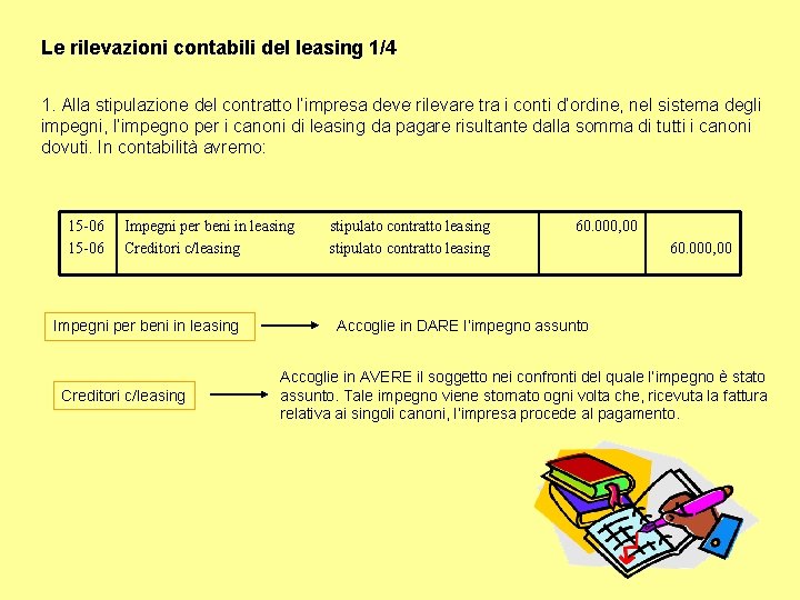 Le rilevazioni contabili del leasing 1/4 1. Alla stipulazione del contratto l’impresa deve rilevare