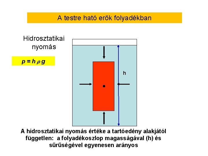 A testre ható erők folyadékban Hidrosztatikai nyomás p=h g h A hidrosztatikai nyomás értéke