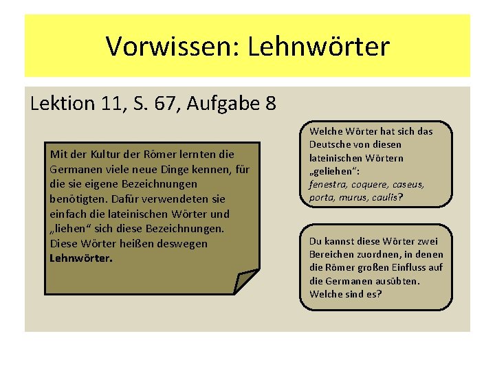 Vorwissen: Lehnwörter Lektion 11, S. 67, Aufgabe 8 Mit der Kultur der Römer lernten