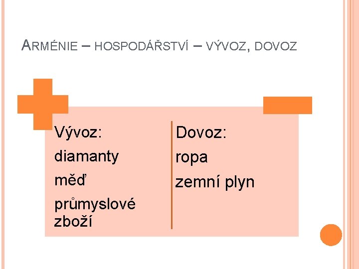 ARMÉNIE – HOSPODÁŘSTVÍ – VÝVOZ, DOVOZ Vývoz: Dovoz: diamanty ropa zemní plyn měď průmyslové