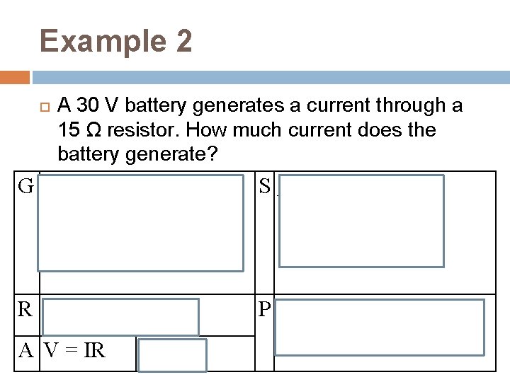 Example 2 A 30 V battery generates a current through a 15 Ω resistor.