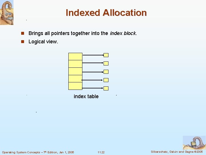 Indexed Allocation n Brings all pointers together into the index block. n Logical view. Indexed Allocation n Brings all pointers together into the index block. n Logical view.