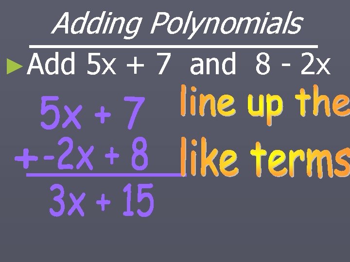Adding Polynomials ►Add 5 x + 7 and 8 - 2 x 
