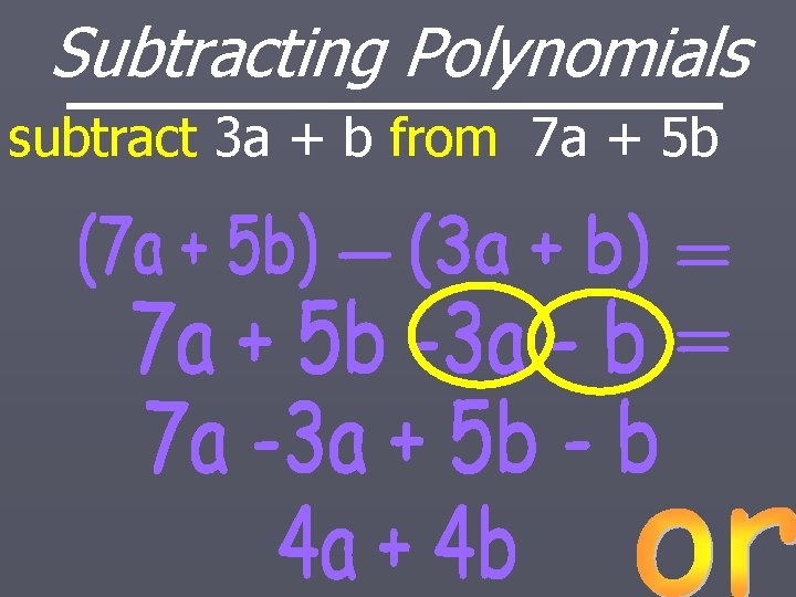 Subtracting Polynomials subtract 3 a + b from 7 a + 5 b 